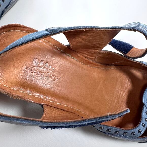 Spring Step Blue Stud Striped Ankle Strap Sandal Wedge Artsy Boho Lightweight 41 - Picture 5 of 6